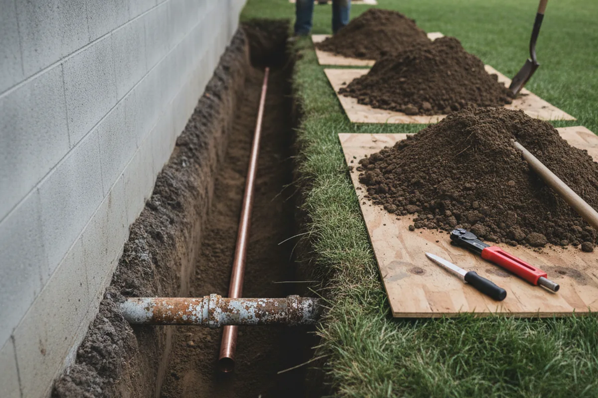 Excavated water line trench during Sewer Line Repair in South Yarmouth